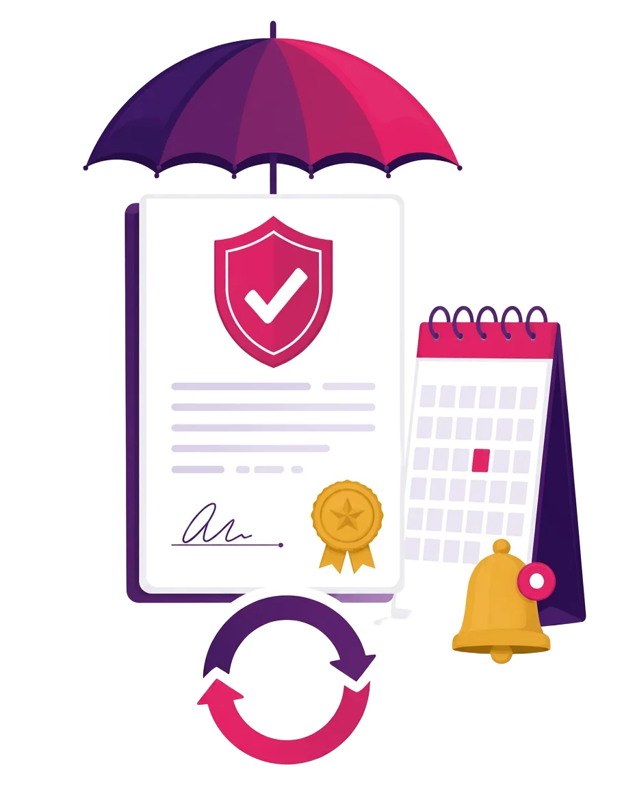 Insurance policy renewal review with shield, calendar reminder and renewal cycle