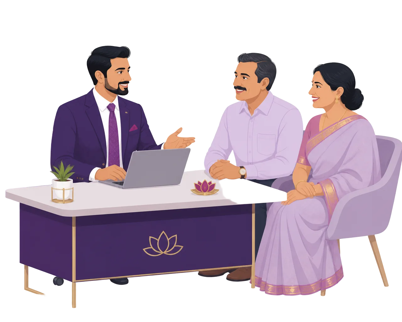 Financial advisor consulting with a happy client couple