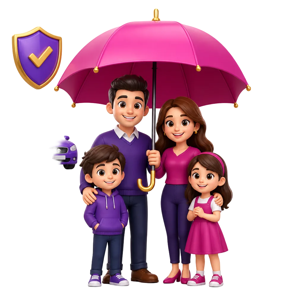 Family protected under an umbrella with a shield, home, car and health symbol